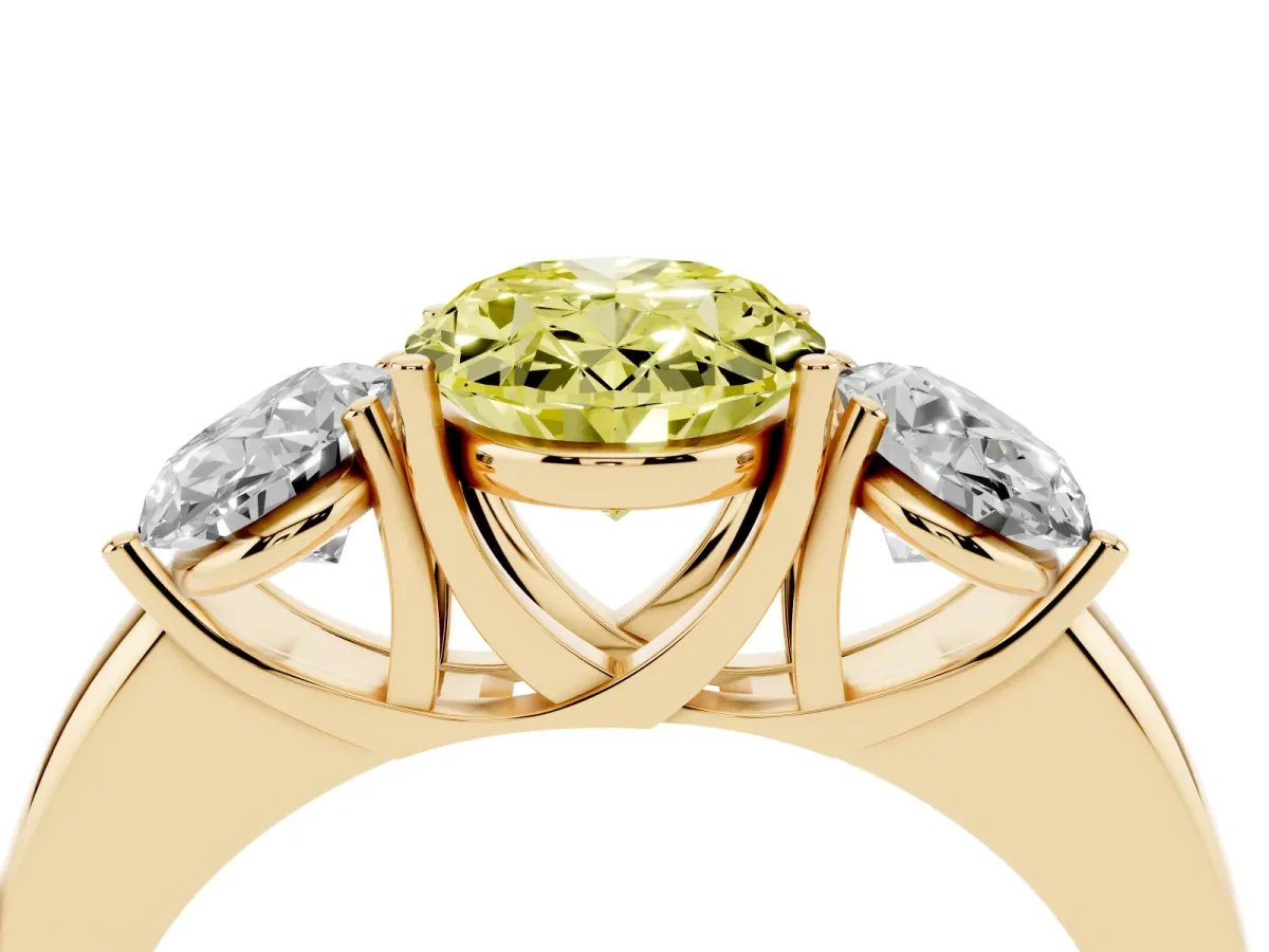 Fancy Yellow Oval Cut Diamond Three-Stone Ring with Four-Prong Setting and Classic Band Yellow gold