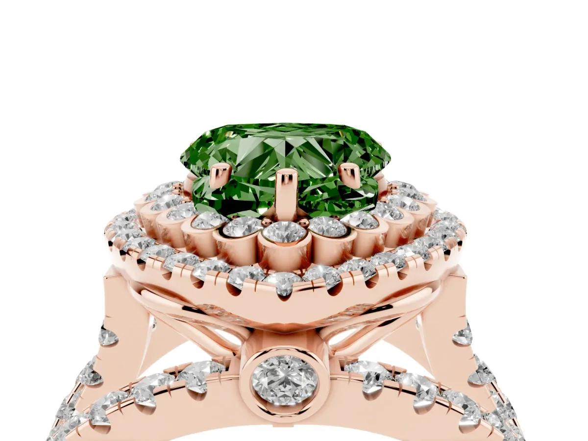 Fancy Green Heart Cut Diamond Double Halo Ring with Round Pavé Split Shank and Prong Setting Rose gold