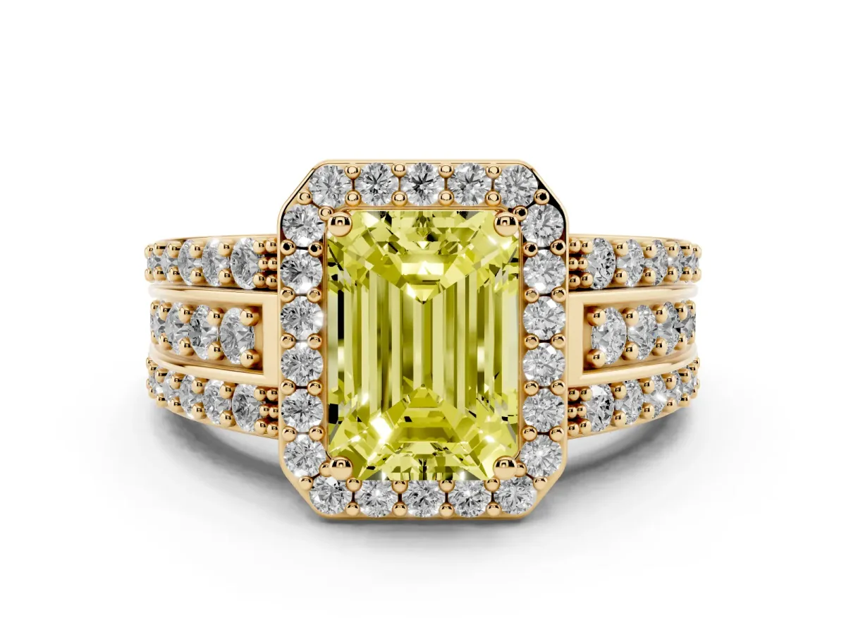 Fancy Yellow Emerald Cut Halo Diamond Ring with Round Split Shank and Prong Setting Yellow gold