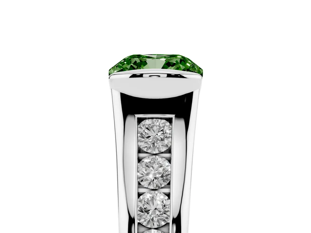 Fancy Green Cushion Cut Solitaire Bezel-Set Diamond Ring with Channel-Set Band Silver