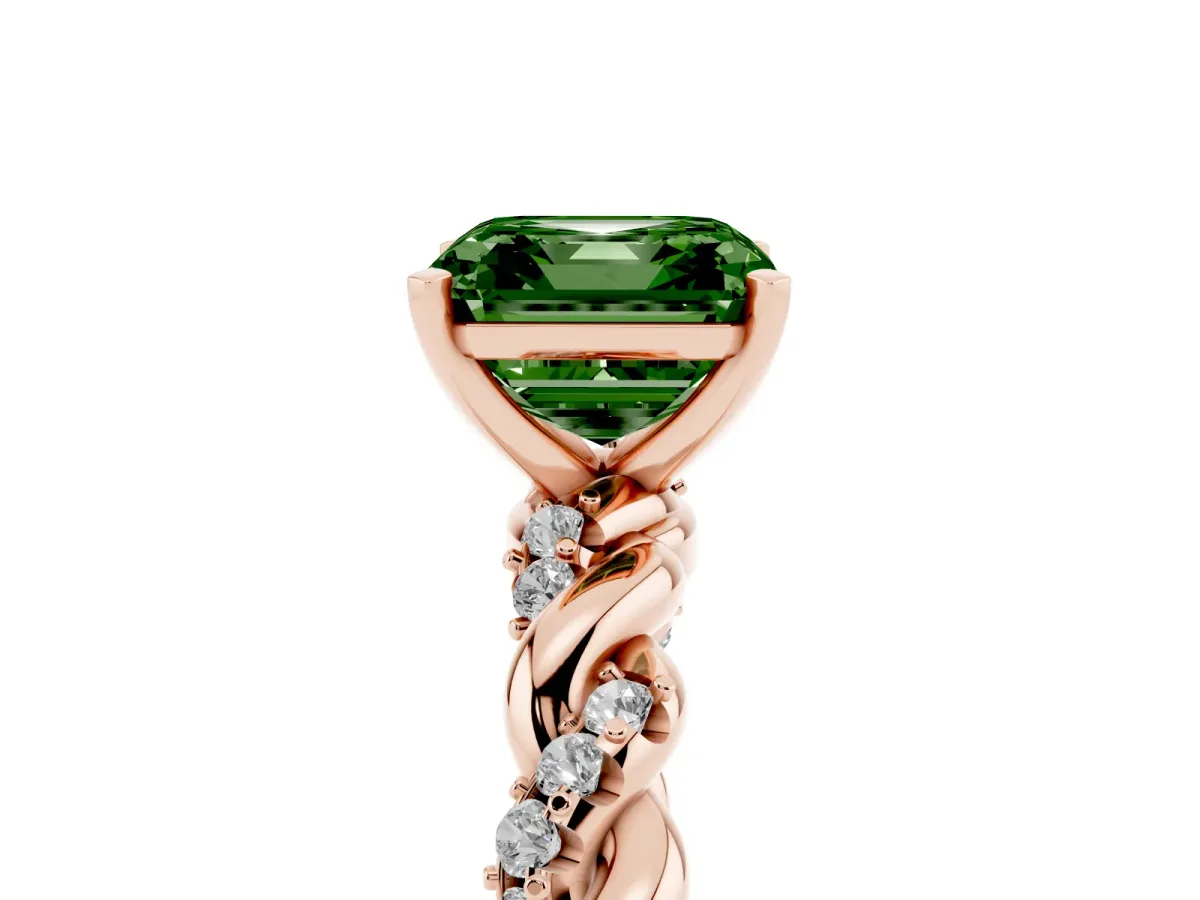 Fancy Green Asscher Cut Diamond Solitaire Ring with Twisted Band and Pavé Accents Rose gold