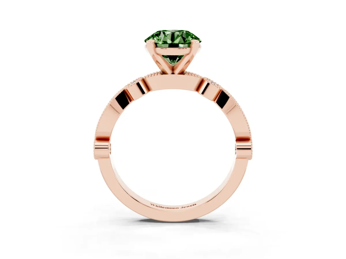 Fancy Green Round Cut Milgrain Bezel Diamond Engagement Ring with Solitaire Prong Setting Rose gold