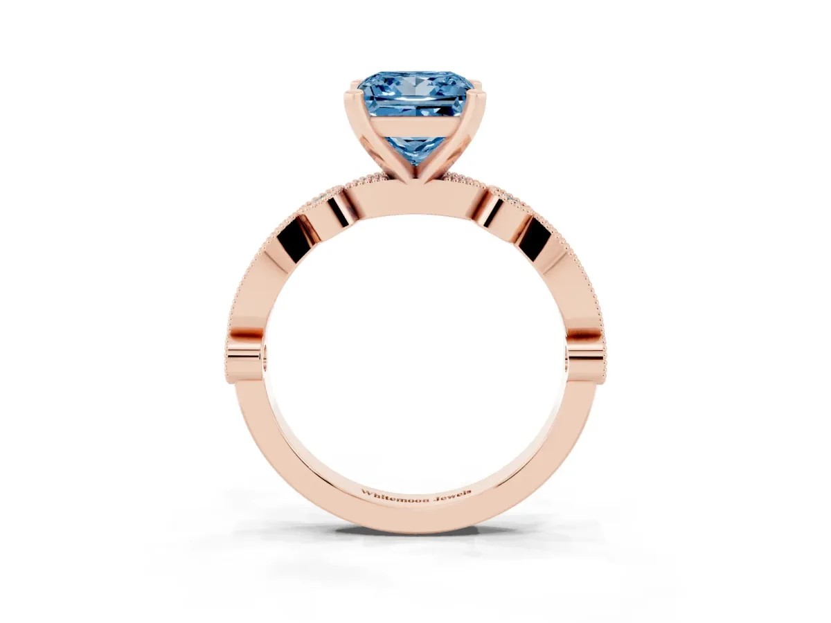 Fancy Blue Princess Cut Milgrain Bezel Diamond Engagement Ring with Solitaire Prong Setting Rose gold