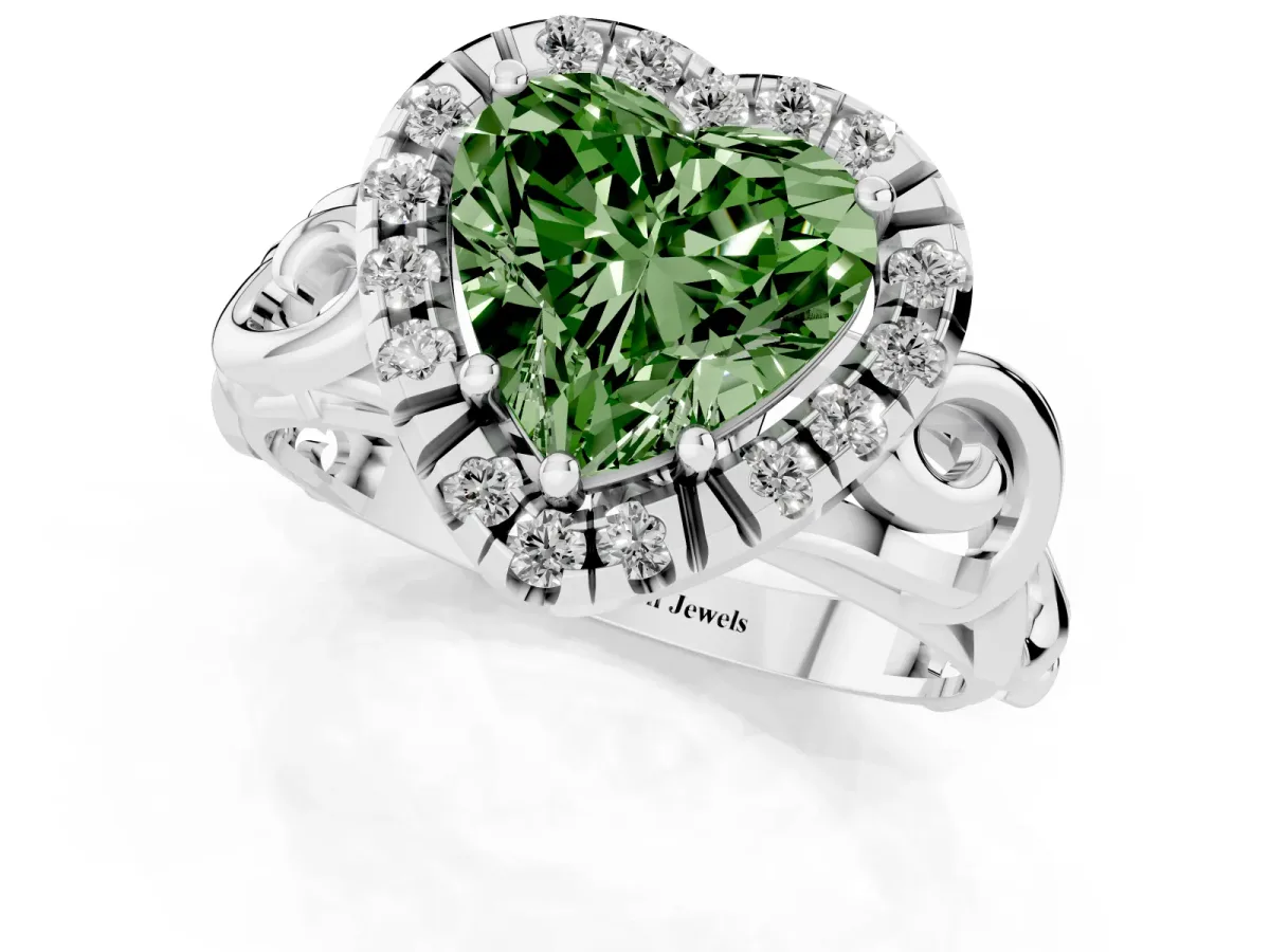 Fancy Green Heart Cut Cut Halo Diamond Ring with Scrollwork Band and Four-Prong Setting Silver