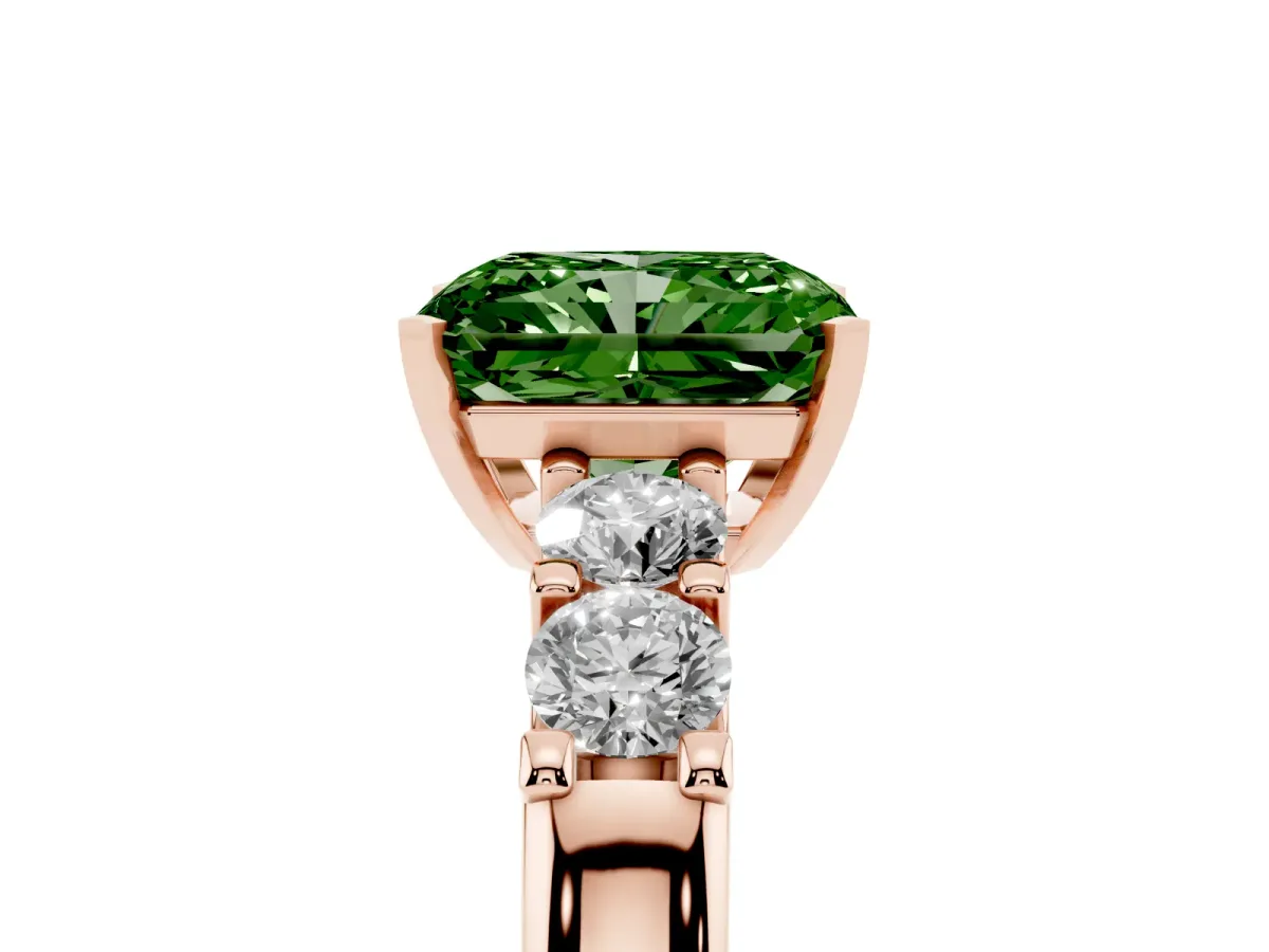 Fancy Green Radiant Cut Brilliant Cut Diamond Five-Stone Prong Set Engagement Ring with Channel Band Rose gold
