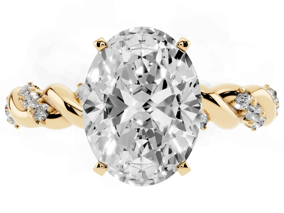 Oval Cut Diamond Solitaire Ring with Twisted Band and Pavé Accents Yellow gold