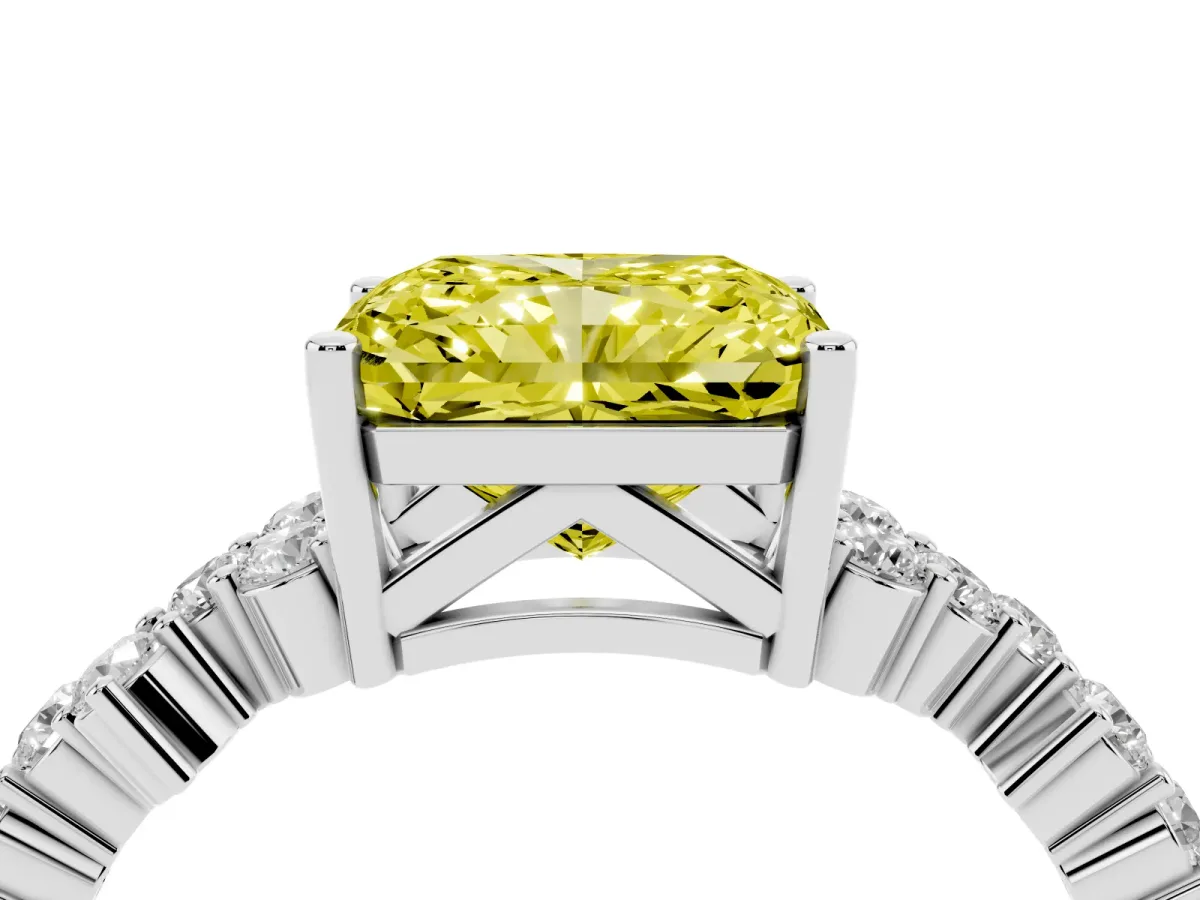 Fancy Yellow Radiant Cut Diamond Scattered Round Accent Ring with Prong Setting Silver