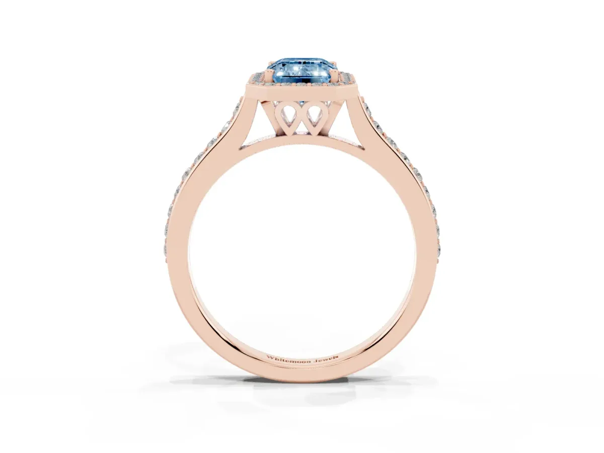 Fancy Blue Emerald Cut Diamond Halo Engagement Ring with Round Pavé Shoulders and Prong Setting Rose gold