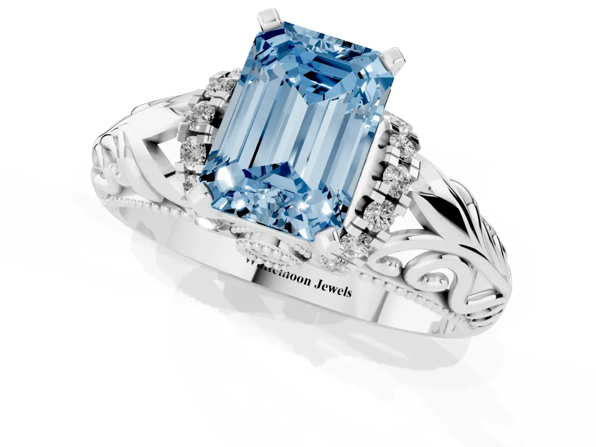 Fancy Blue Emerald Cut Solitaire Filigree Engagement Ring with Halo and Prong Setting White gold