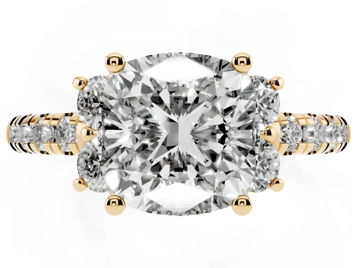 Cushion Cut Diamond Three-Stone Pave Band with Four-Prong Setting Yellow gold