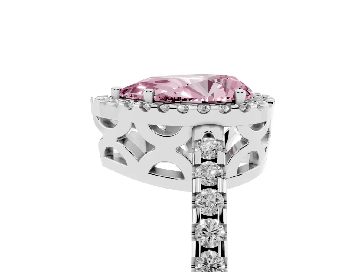 Fancy Pink Pear Cut Diamond Halo Engagement Ring with Pavé Band and Prong Setting Silver