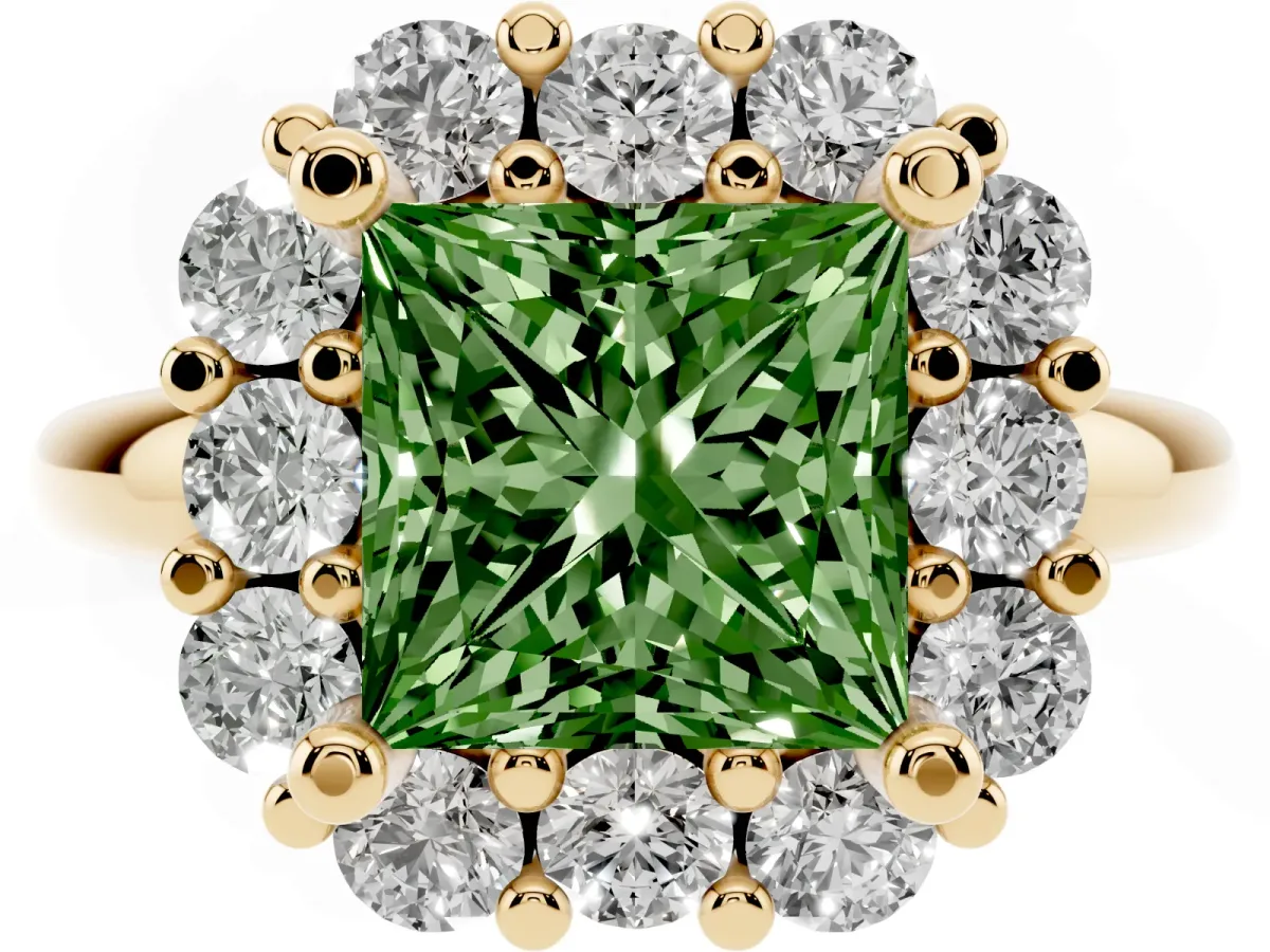 Fancy Green Princess Cut Halo Cluster Diamond Engagement Ring with Prong Setting and Polished Band Yellow gold