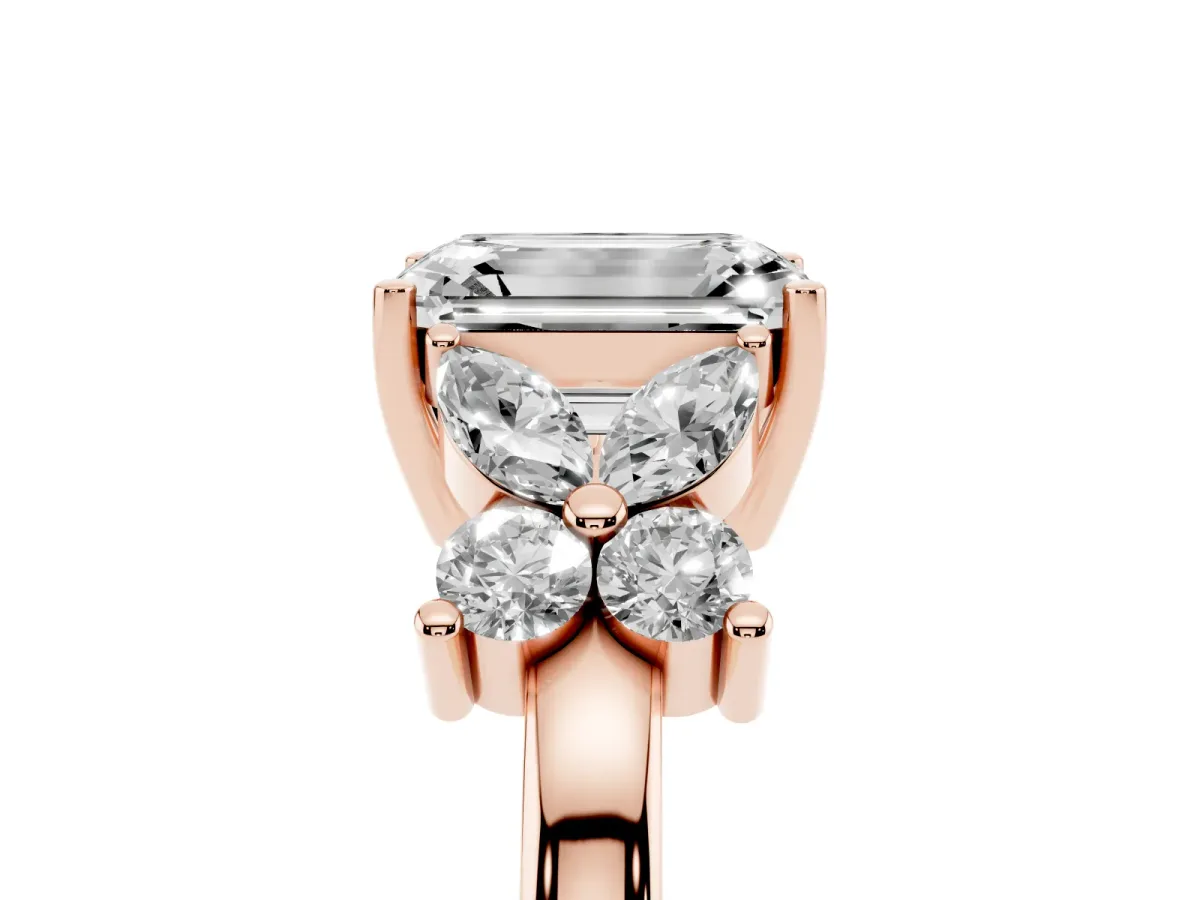Emerald Cut Diamond Floral Cluster Ring with Solitaire Band and Prong Setting Rose gold