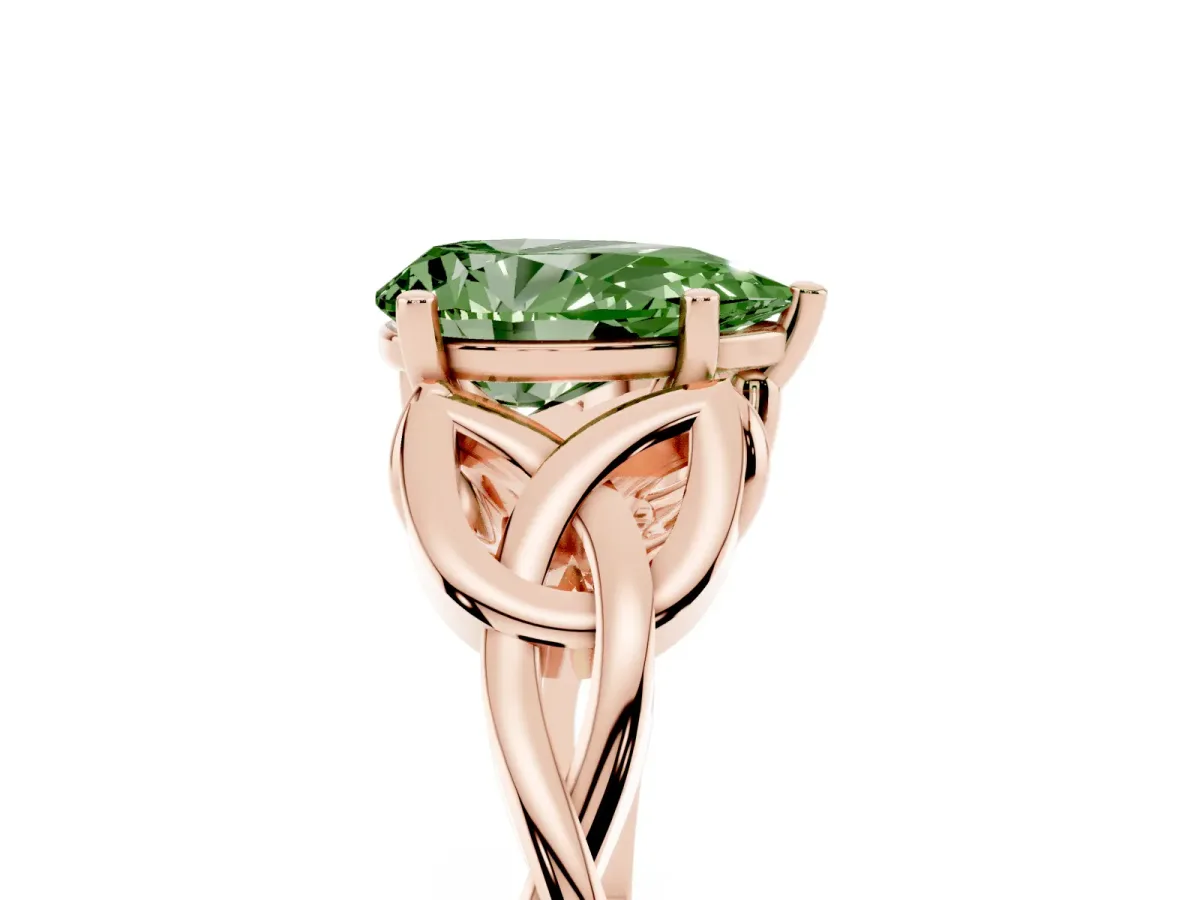 Fancy Green Pear Cut Diamond Solitaire Engagement Ring with Celtic Knot Band and Four-Prong Setting Rose gold