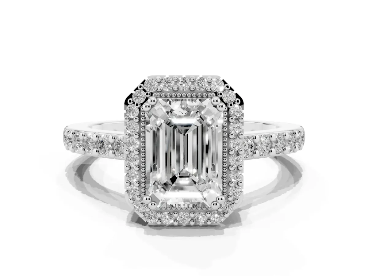 Emerald Cut Cut Diamond Halo Engagement Ring with Milgrain Detail and Pavé Band Silver