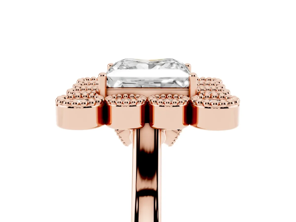 Princess Cut Halo Diamond Cluster Engagement Ring with Milgrain Bezel Setting and Solitaire Band Rose gold