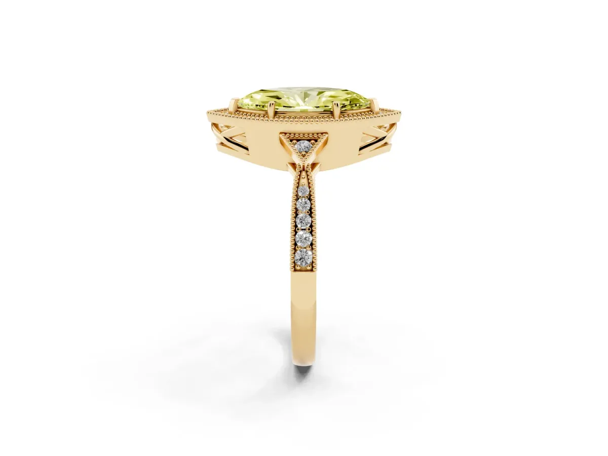 Fancy Yellow Marquise Cut Halo Round Diamond Milgrain Pave Engagement Ring Yellow gold