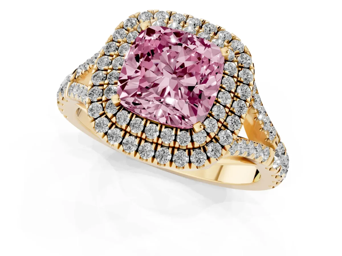 Fancy Pink Cushion Cut Diamond Pavé Split Shank Double Halo Engagement Ring Yellow gold