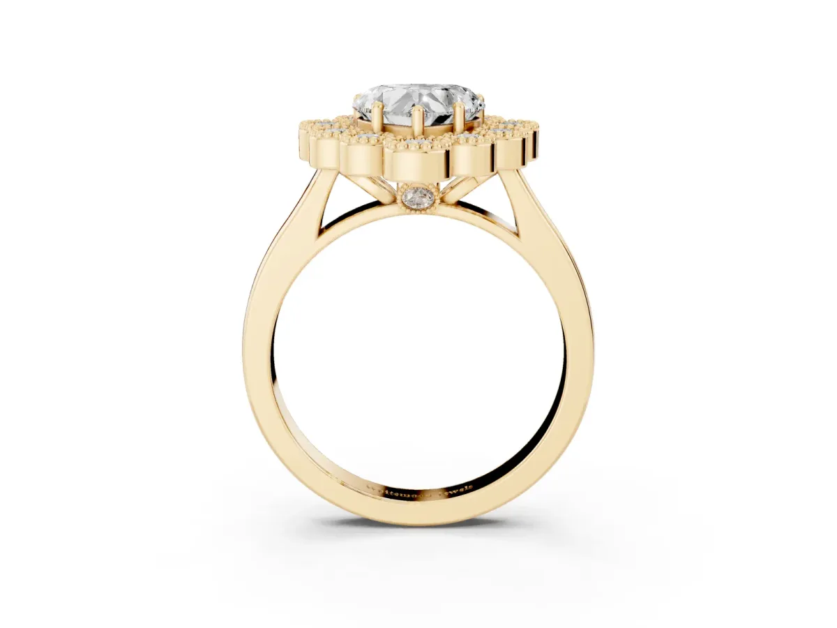 Heart Cut Halo Diamond Cluster Engagement Ring with Milgrain Bezel Setting and Solitaire Band Yellow gold