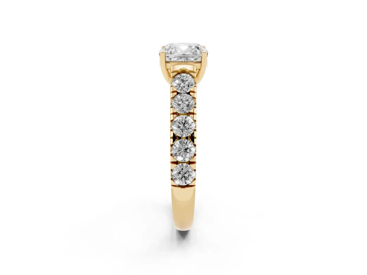 Cushion Cut Cut Diamond Solitaire Ring with Micro Pave Band and Prong Setting Yellow gold