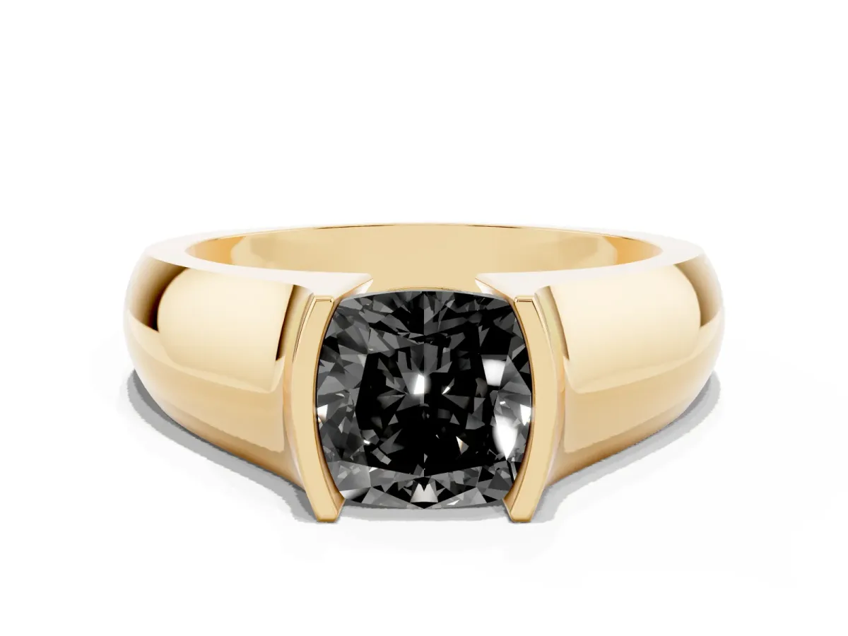 Fancy Black Cushion Cut Solitaire Bezel Set Diamond Ring with Wide Band Yellow gold