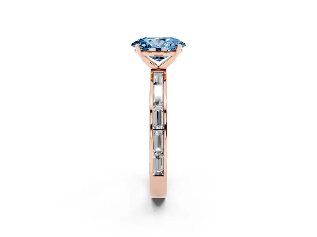 Fancy Blue Oval Cut Solitaire Diamond Ring with Channel-Set Baguette Band and Four-Prong Setting Rose gold