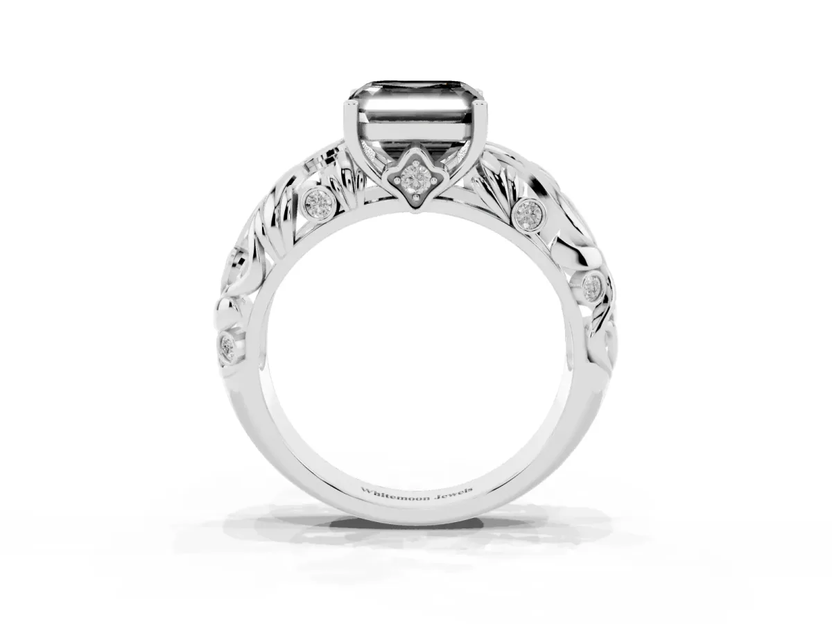 Fancy Black Asscher Cut Solitaire Diamond Leaf-Inspired Vine Band Ring with Prong Setting Silver