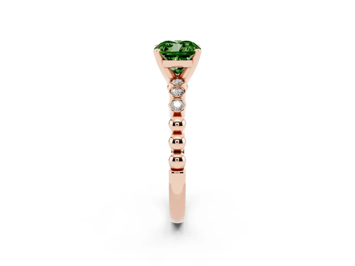 Fancy Green Cushion Cut Solitaire Bezel Accent Diamond Engagement Ring with Beaded Band and Four-Prong Setting Rose gold