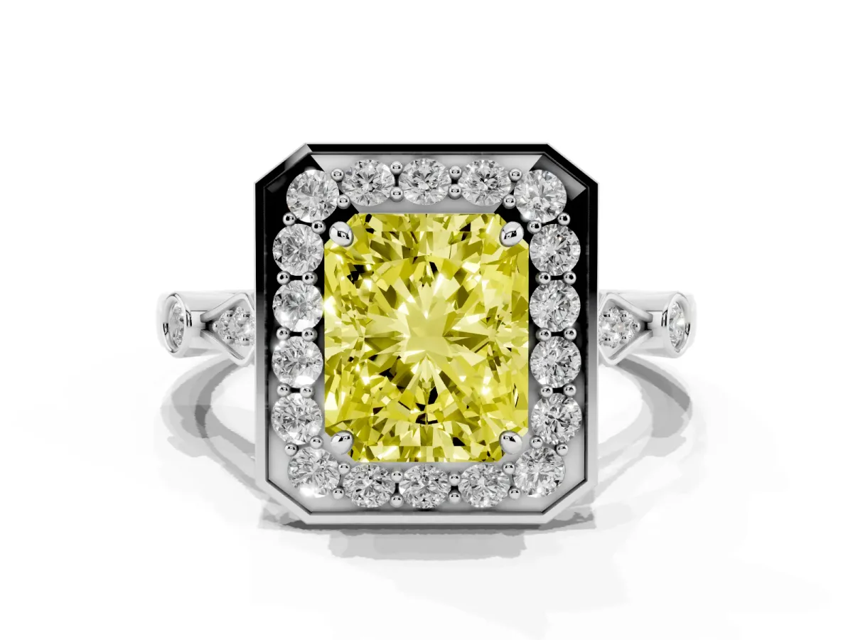 Fancy Yellow Radiant Cut Halo Diamond Engagement Ring with Twisted Band and Four-Prong Setting White gold