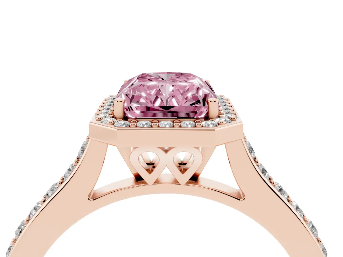 Fancy Pink Radiant Cut Diamond Halo Engagement Ring with Round Pavé Shoulders and Prong Setting Rose gold