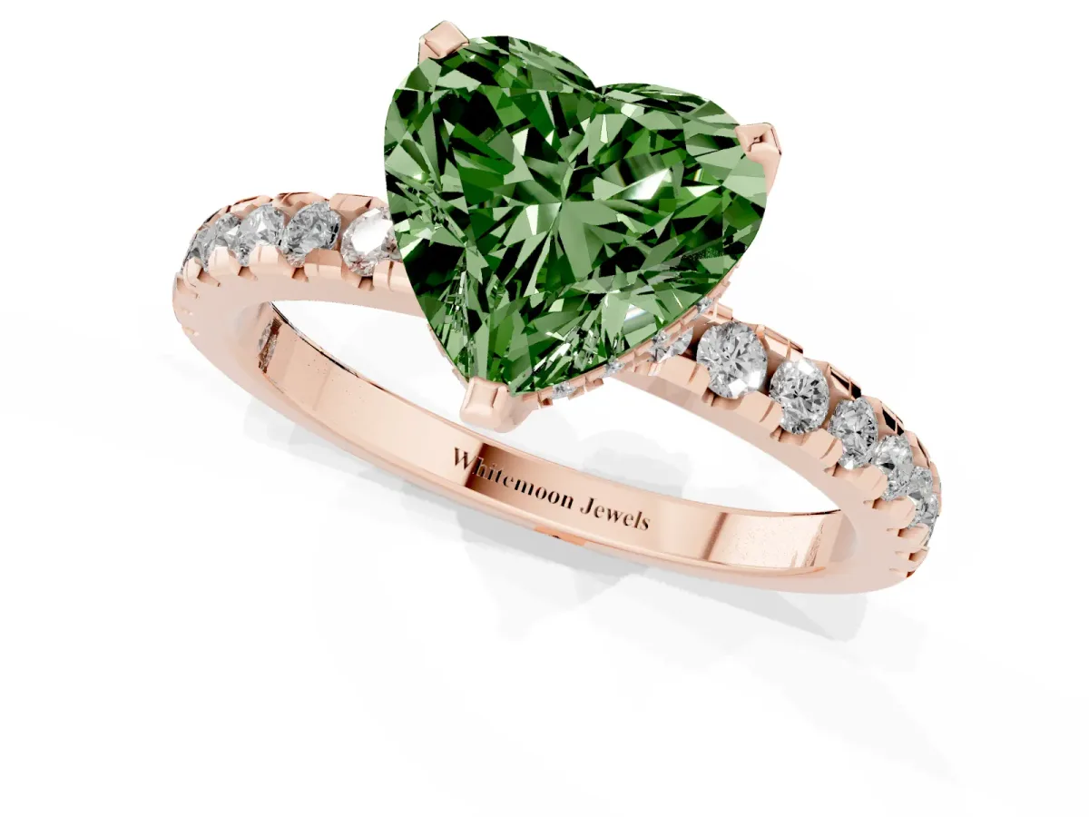 Fancy Green Heart Cut Diamond Solitaire Ring with Round Pavé Band and Four-Prong Setting Rose gold