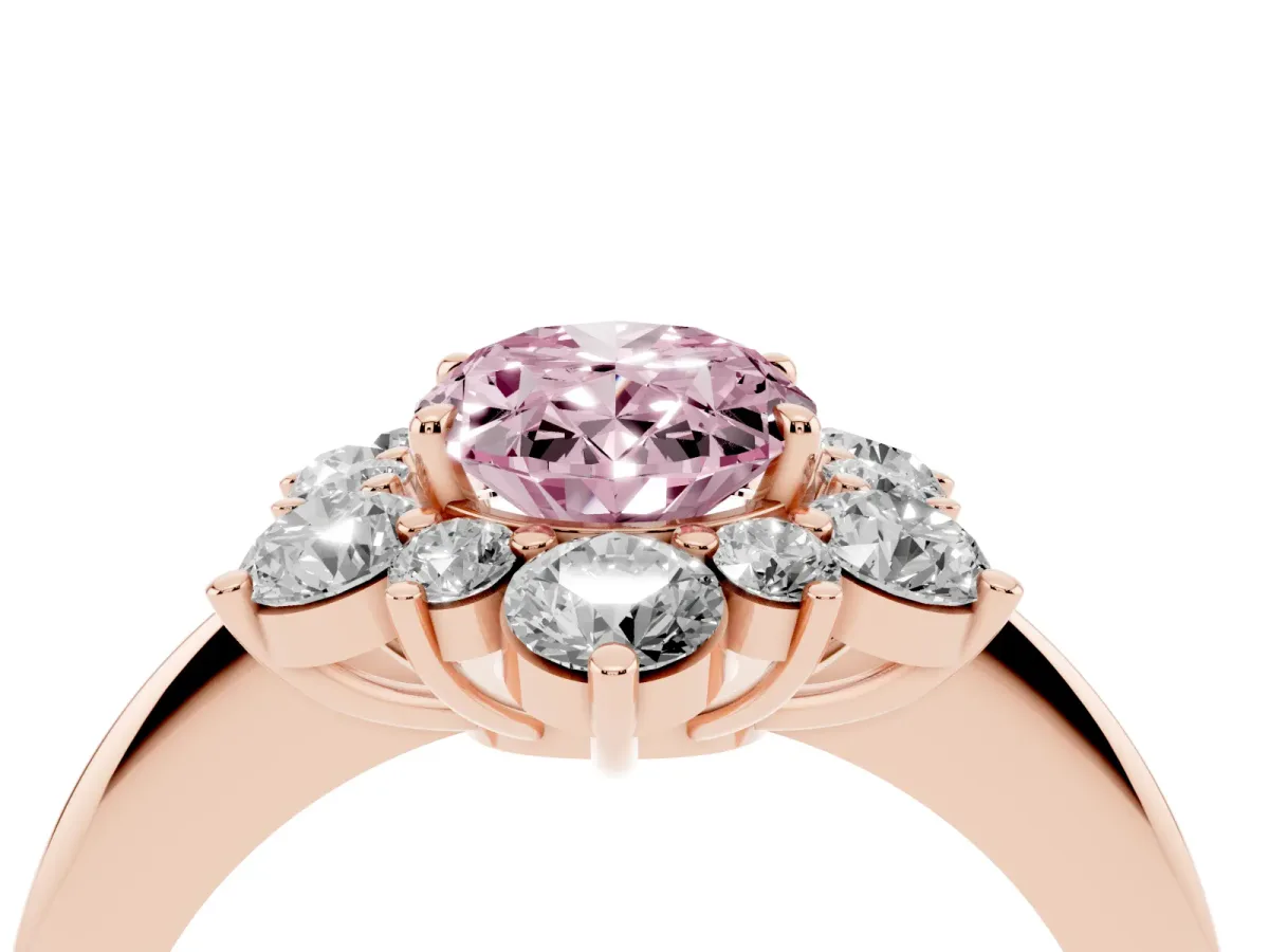 Fancy Pink Oval Cut Diamond Cluster Halo Ring with Solitaire Band and Four-Prong Setting Rose gold