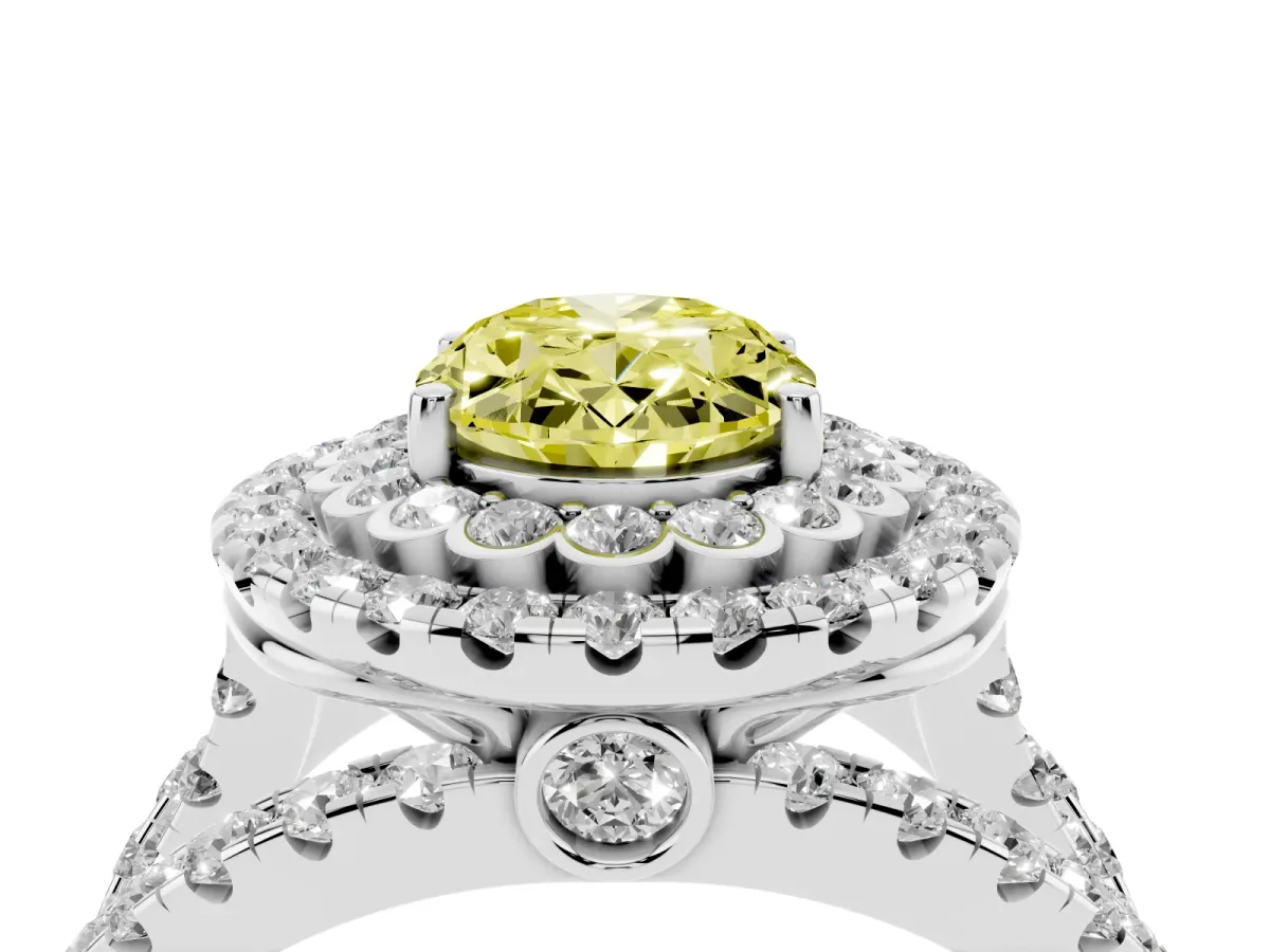 Fancy Yellow Oval Cut Diamond Double Halo Ring with Round Pavé Split Shank and Prong Setting Silver