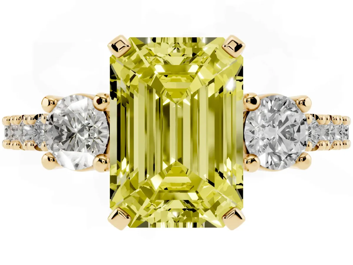 Fancy Yellow Emerald Cut Three-Stone Diamond Pavé Band with Prong Setting Yellow gold