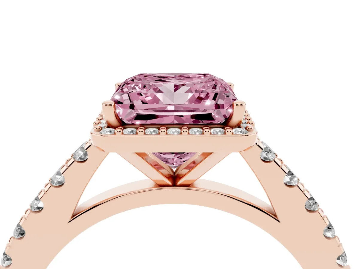 Fancy Pink Princess Cut Cut Halo Diamond Engagement Ring with Pave Band and Four-Prong Setting Rose gold