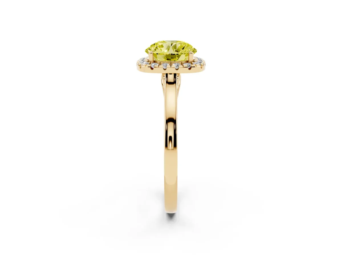 Fancy Yellow Round Cut Halo Round Diamond Solitaire Ring with Pavé Band and Four-Prong Setting Yellow gold