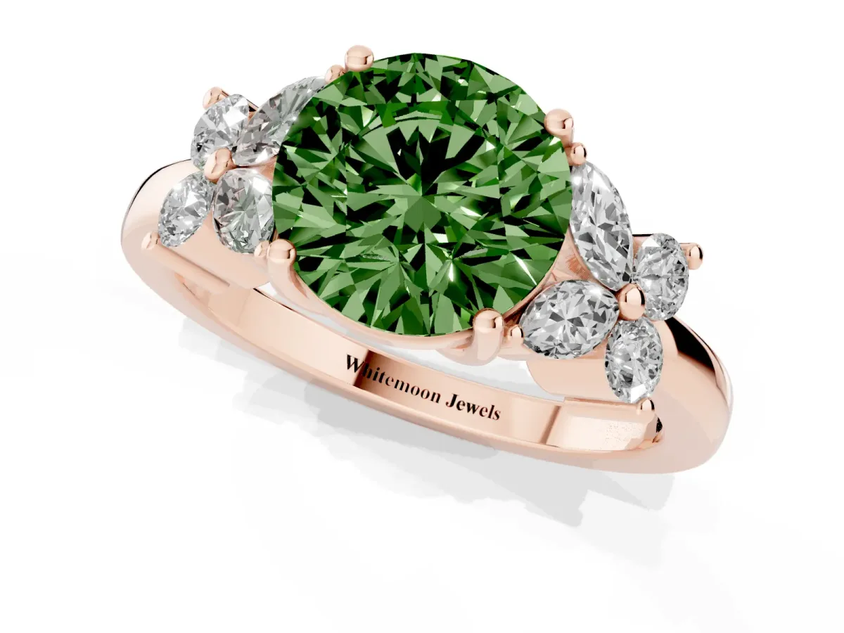 Fancy Green Round Cut Diamond Floral Cluster Ring with Solitaire Band and Prong Setting Rose gold