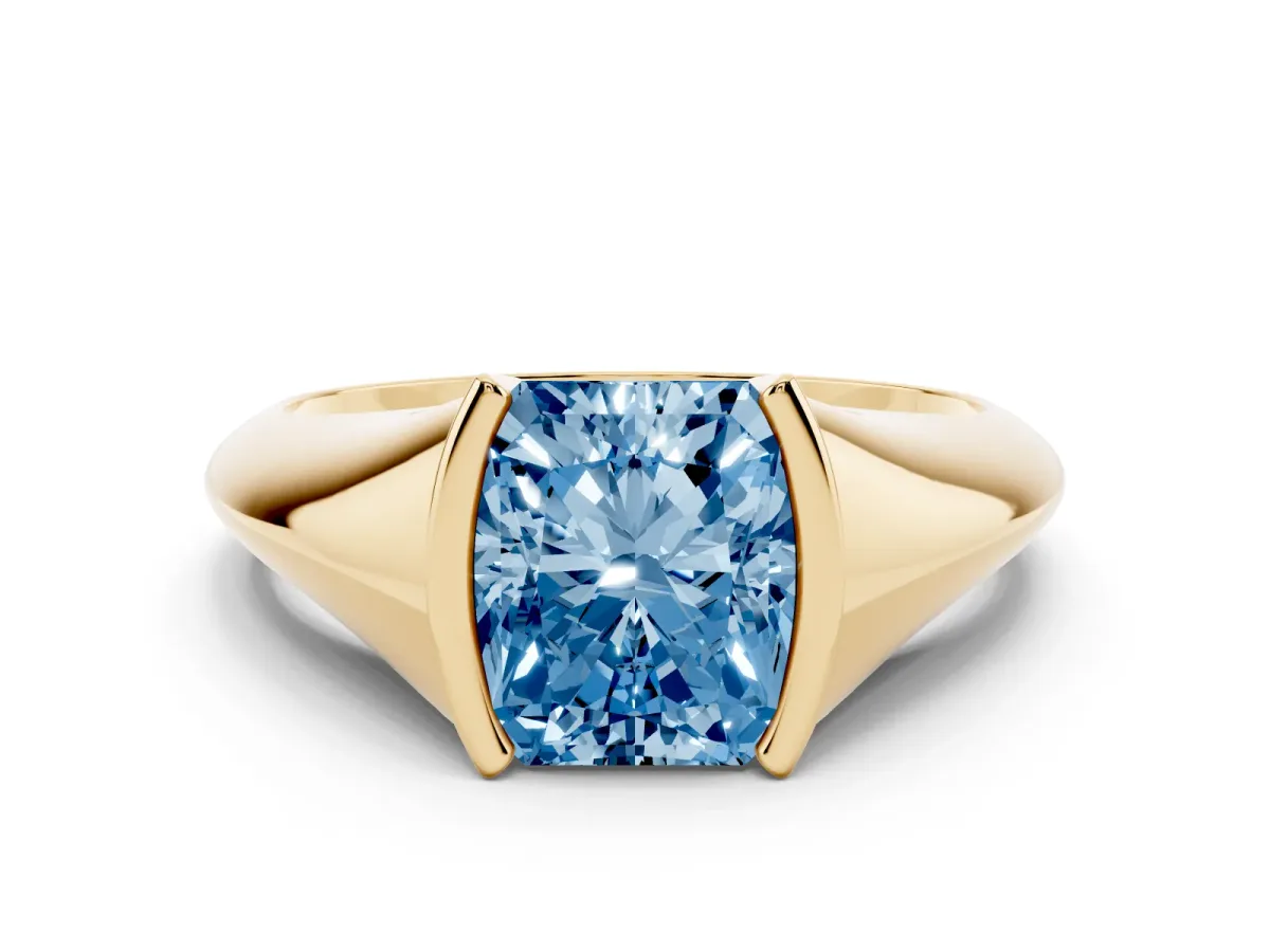 Fancy Blue Radiant Cut Solitaire Tension Set Diamond Ring Yellow gold