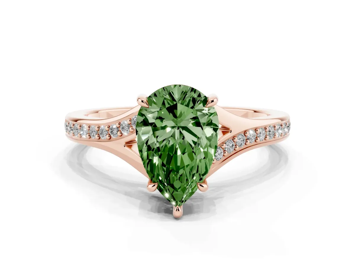 Fancy Green Pear Cut Diamond Solitaire Ring with Pavé Band and Prong Setting Rose gold