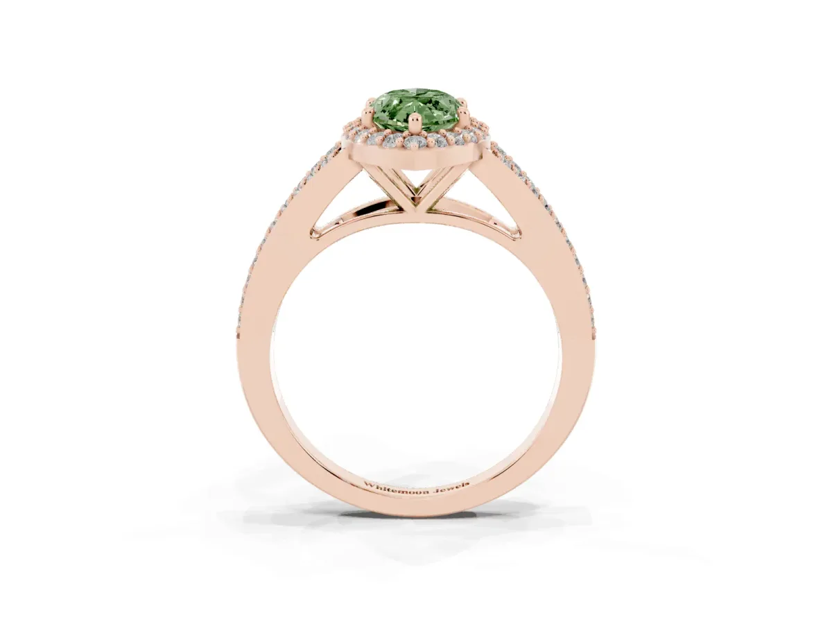 Fancy Green Marquise Cut Halo Split Shank Diamond Ring with Prong Setting Rose gold