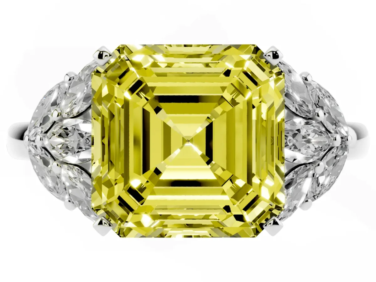 Fancy Yellow Asscher Cut Diamond Cluster Leaf Design Ring with Prong Setting Silver