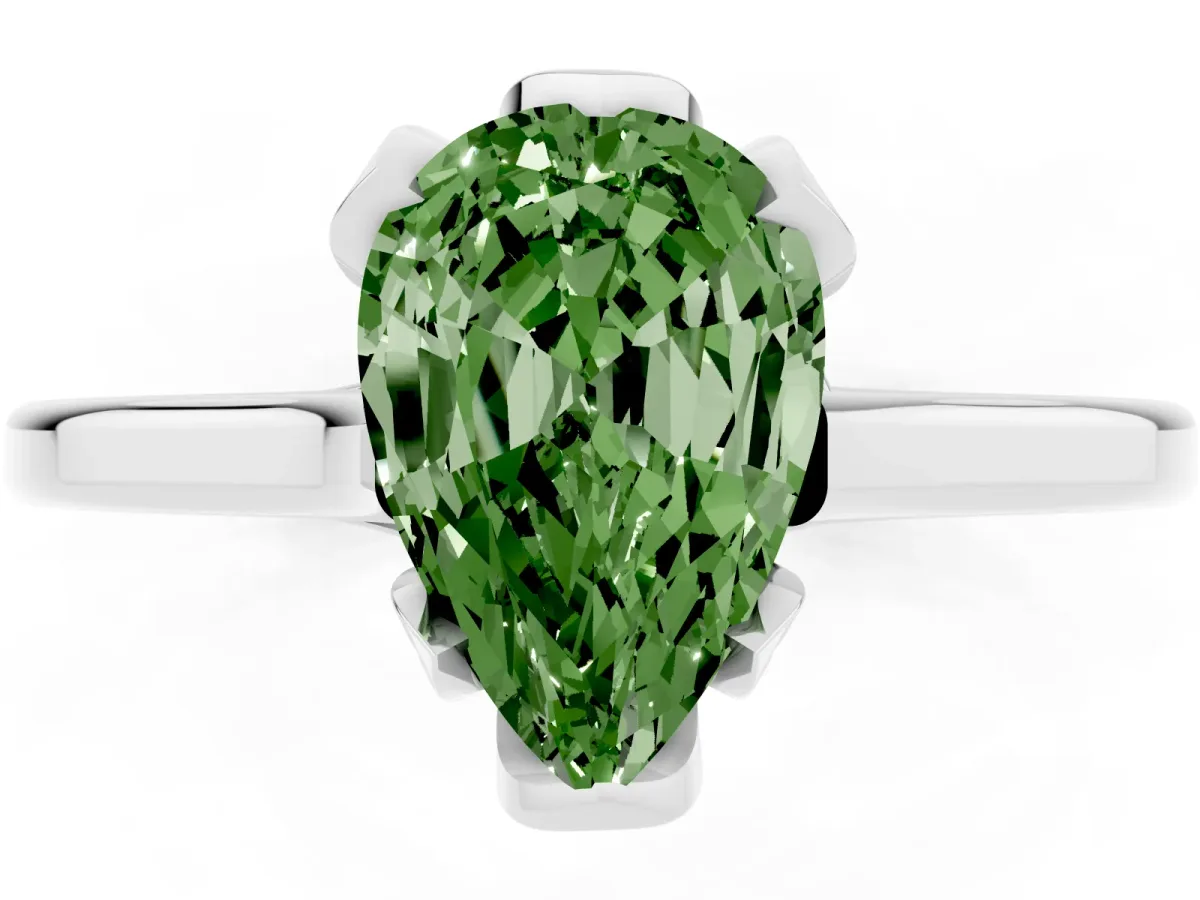 Fancy Green Pear Cut Diamond Solitaire Ring with Flower Prong Setting and Classic Band Silver