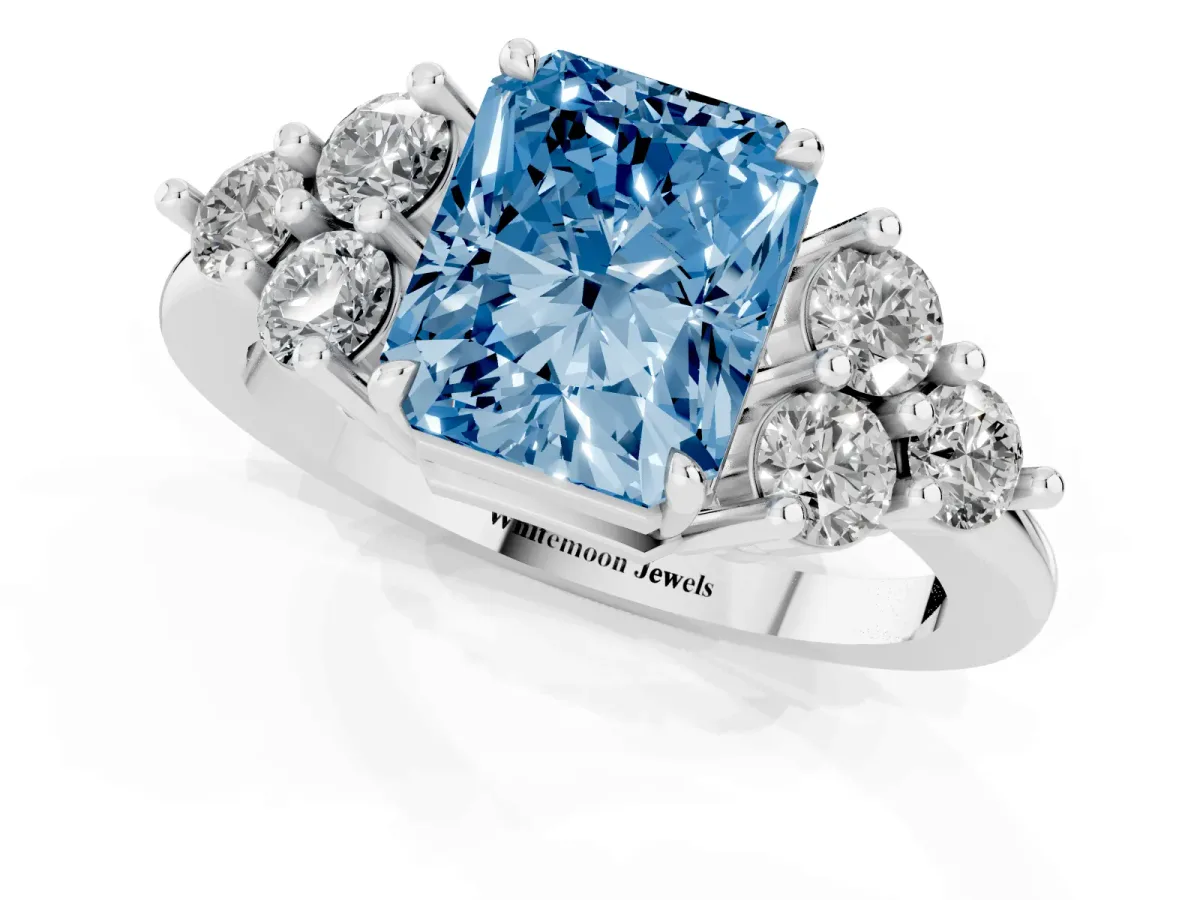 Fancy Blue Radiant Cut Brilliant Diamond Cluster Accent Solitaire Ring with Prong Setting Platinum