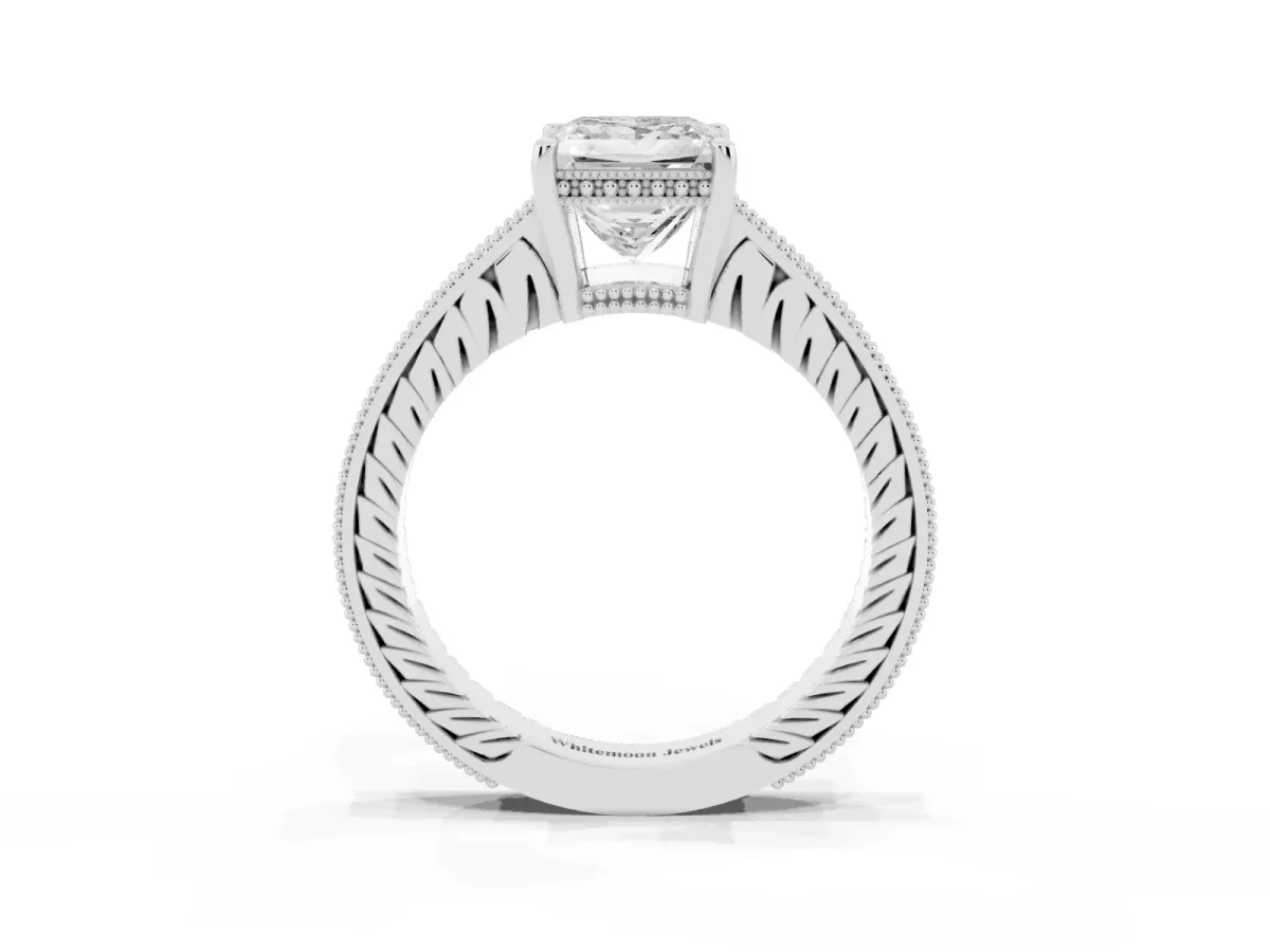 Princess Cut Solitaire Pavé Diamond Milgrain Engagement Ring with Four-Prong Setting Silver