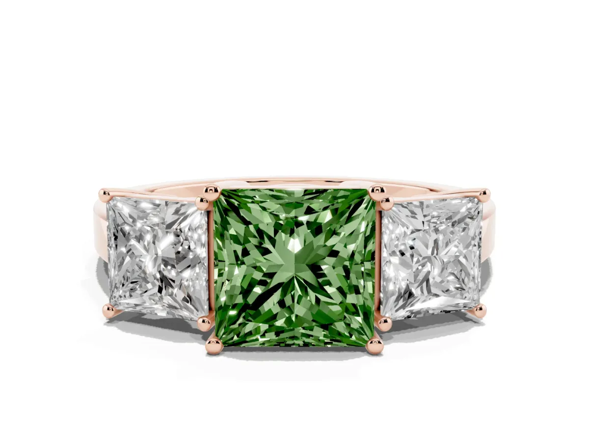 Fancy Green Three-Stone Princess Cut Cut Diamond Engagement Ring with Flat Band and Four-Prong Setting Rose gold