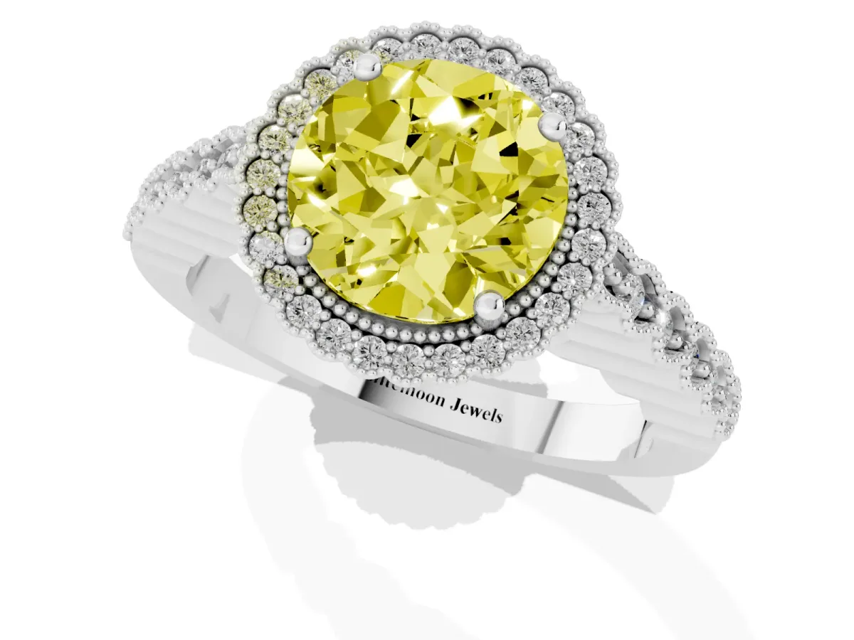 Fancy Yellow Round Cut Cut Halo Pavé Solitaire Ring with Milgrain Band White gold