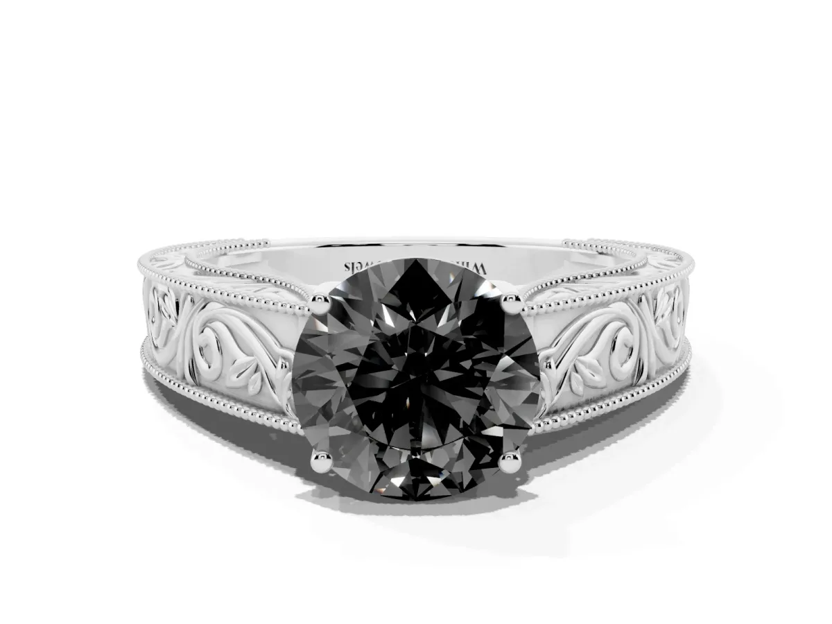 Fancy Black Round Cut Diamond Solitaire Ring with Engraved Band and Four-Prong Setting White gold