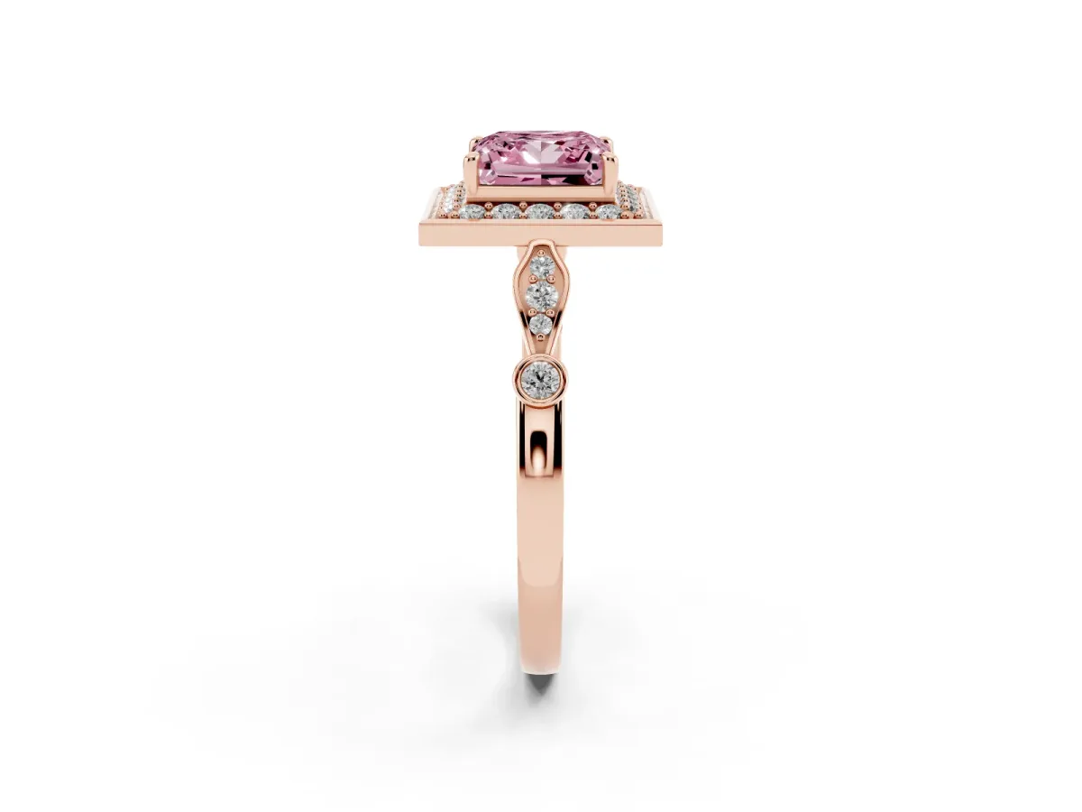 Fancy Pink Princess Cut Halo Diamond Engagement Ring with Twisted Band and Four-Prong Setting Rose gold