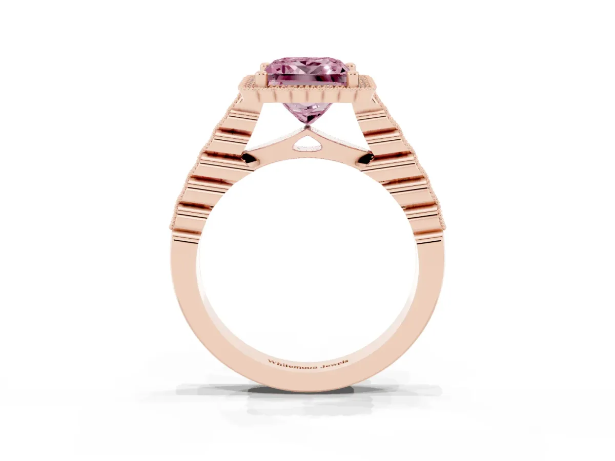 Fancy Pink Princess Cut Cut Halo Pavé Solitaire Ring with Milgrain Band Rose gold