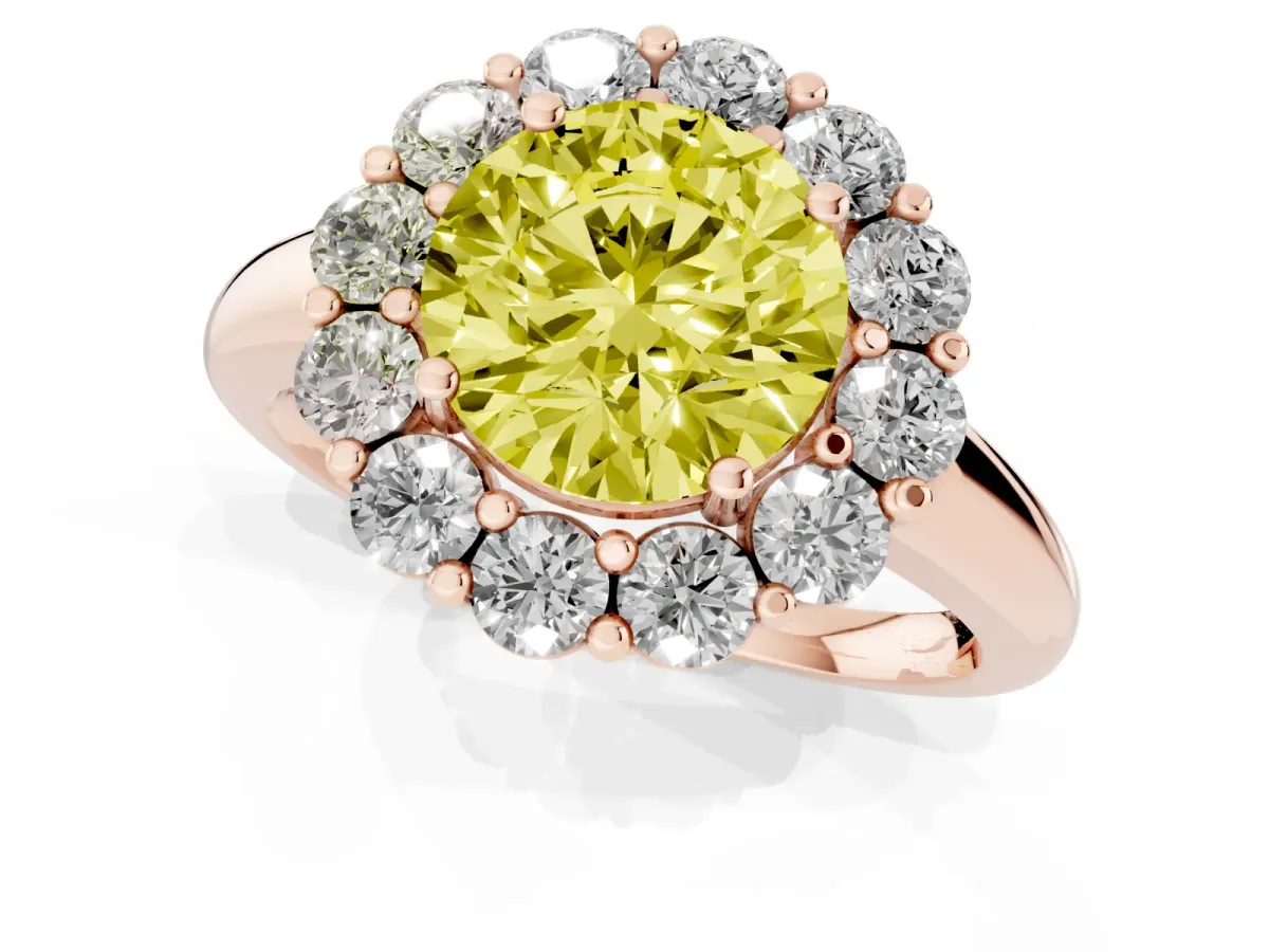 Fancy Yellow Round Cut Halo Cluster Diamond Engagement Ring with Prong Setting and Polished Band Rose gold